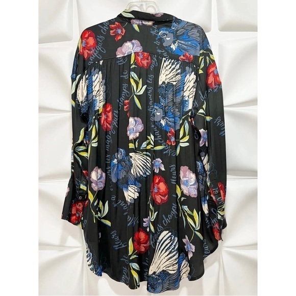 Free People Sz M Black Colorful Oversized Hawaiian Tropical Bird Shirt Tunic Top - Picture 5 of 14